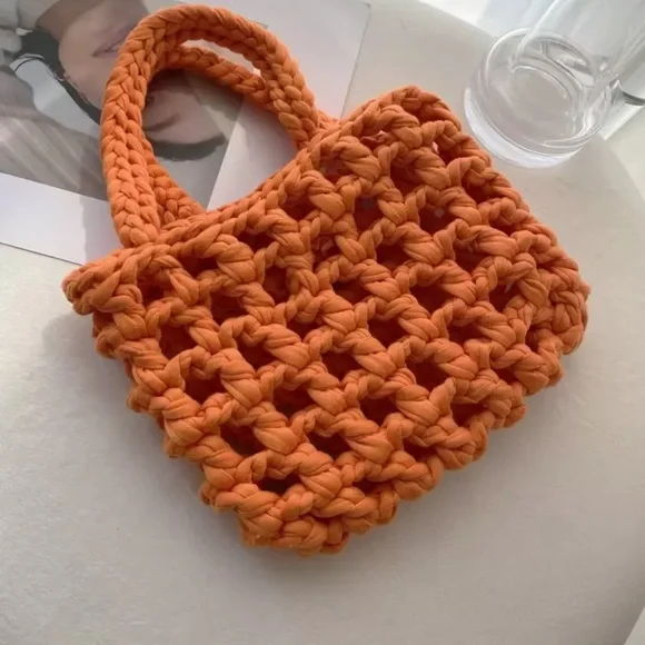 Orange Minimalist Crochet Square Bag for Vacation A01 - Picture 5 of 8